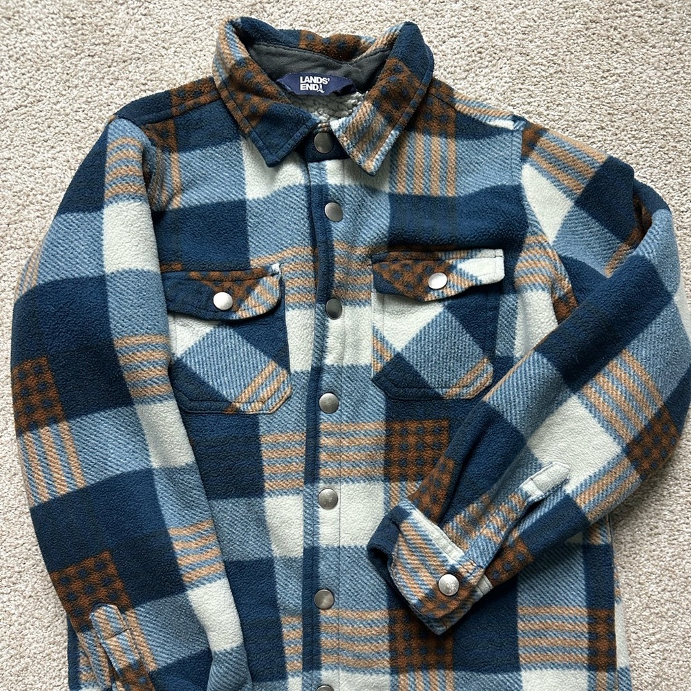 Lands’ End Blue & Brown Plaid Snap-Front Shacket